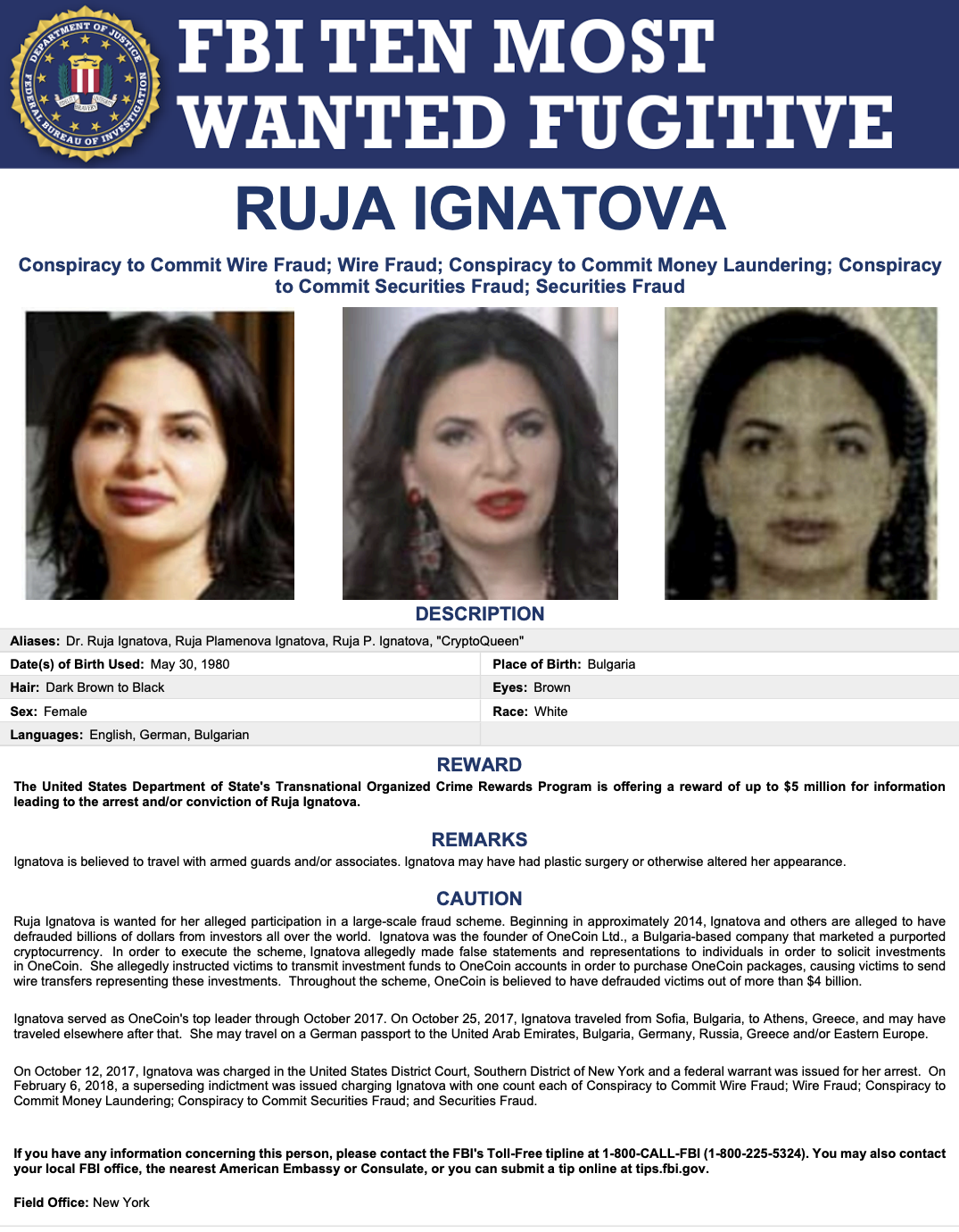 Ruja Plamenova Ignatova på FBI:s mest eftersökta lista