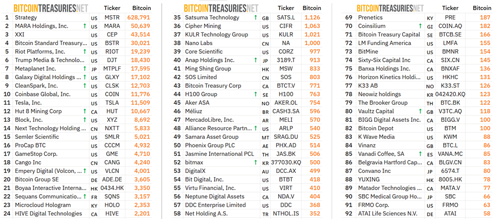 De 24 största företagen som håller BTC